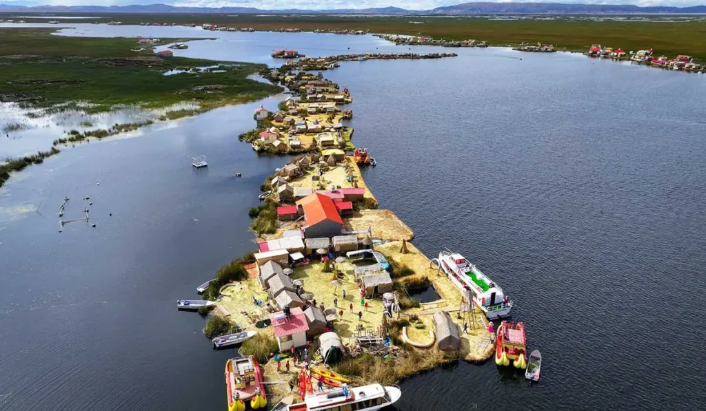Aerial view of the Uros Floating Islands on Lake Titicaca, Puno Tours